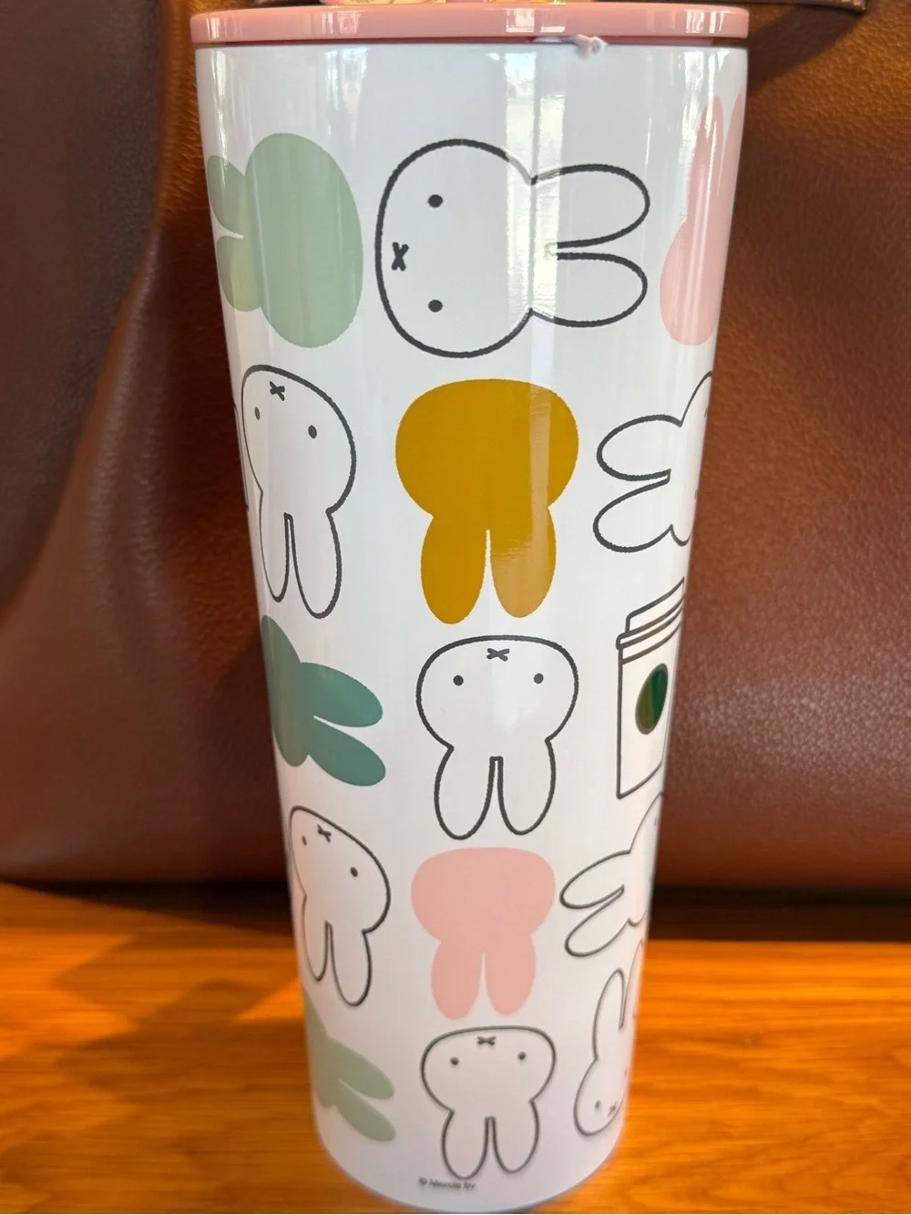 miffy Starbucks White Tumbler with Pink Lid and Pastel Bunny Pattern